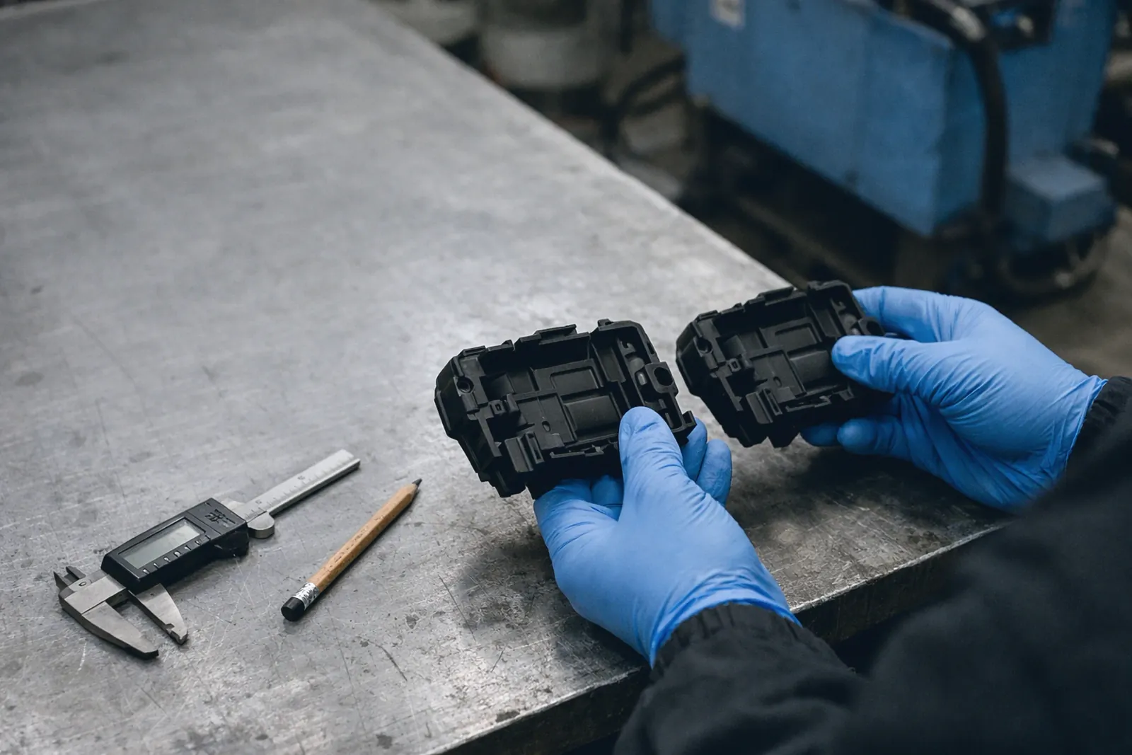 Mains gantées comparant deux pièces en plastique noir sur un établi, à côté d'un pied à coulisse numérique