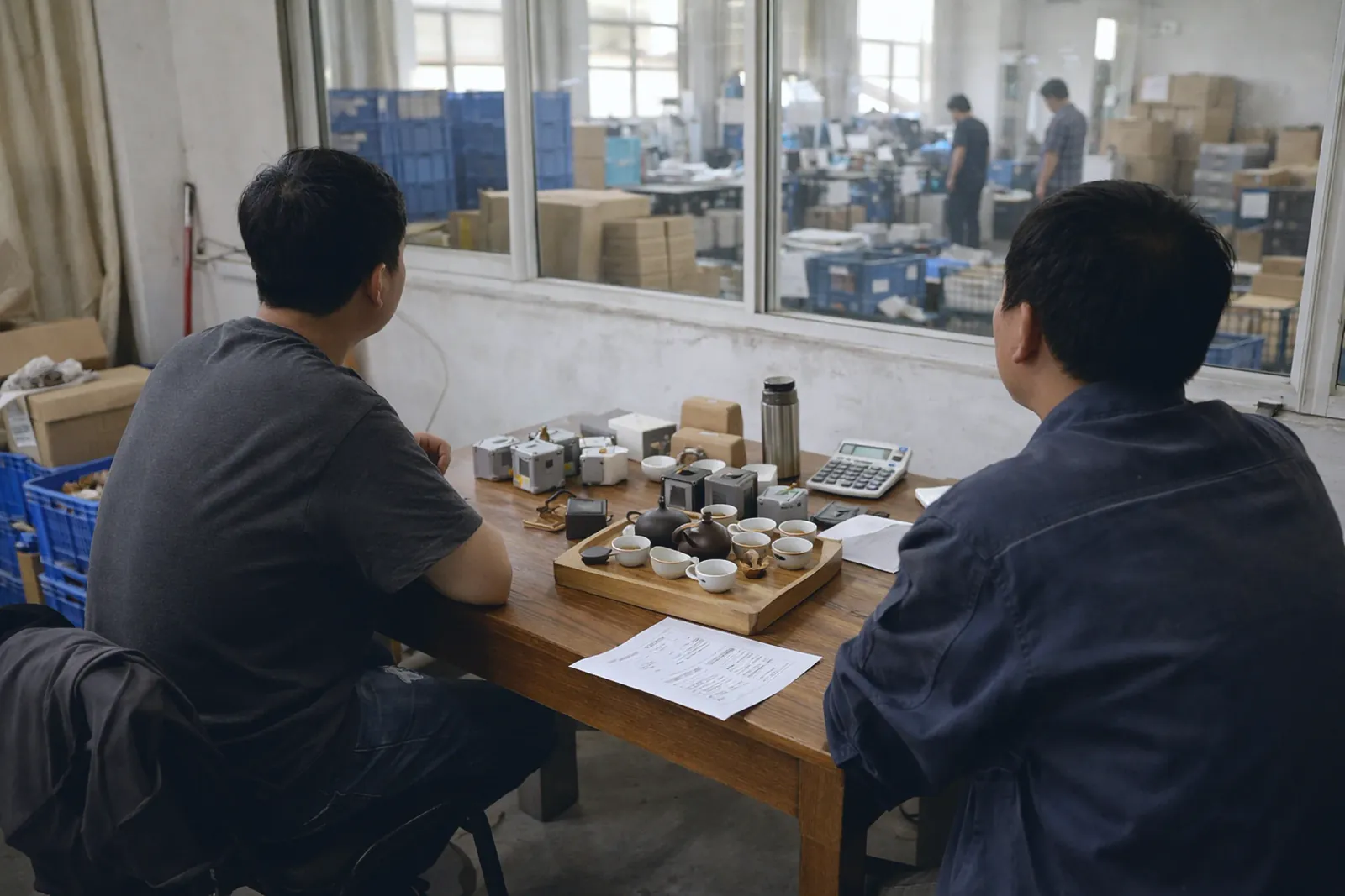 Deux acheteurs examinant des échantillons de produits posés sur une table, dans le bureau vitré d'un entrepôt de fournisseur en Chine