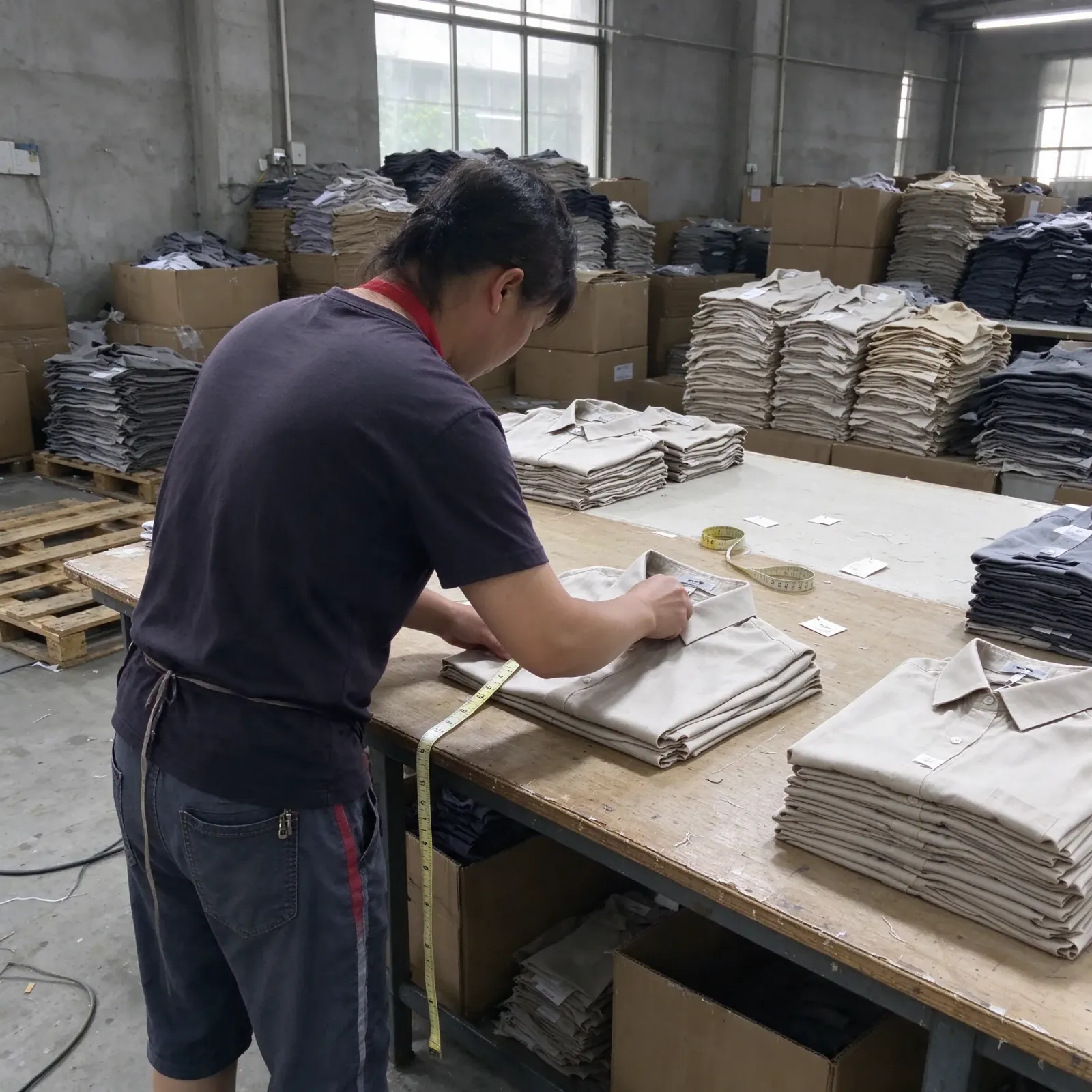 Ouvrier mesurant une pile de chemises pliées avec un mètre ruban sur une table de contrôle d'un atelier de confection