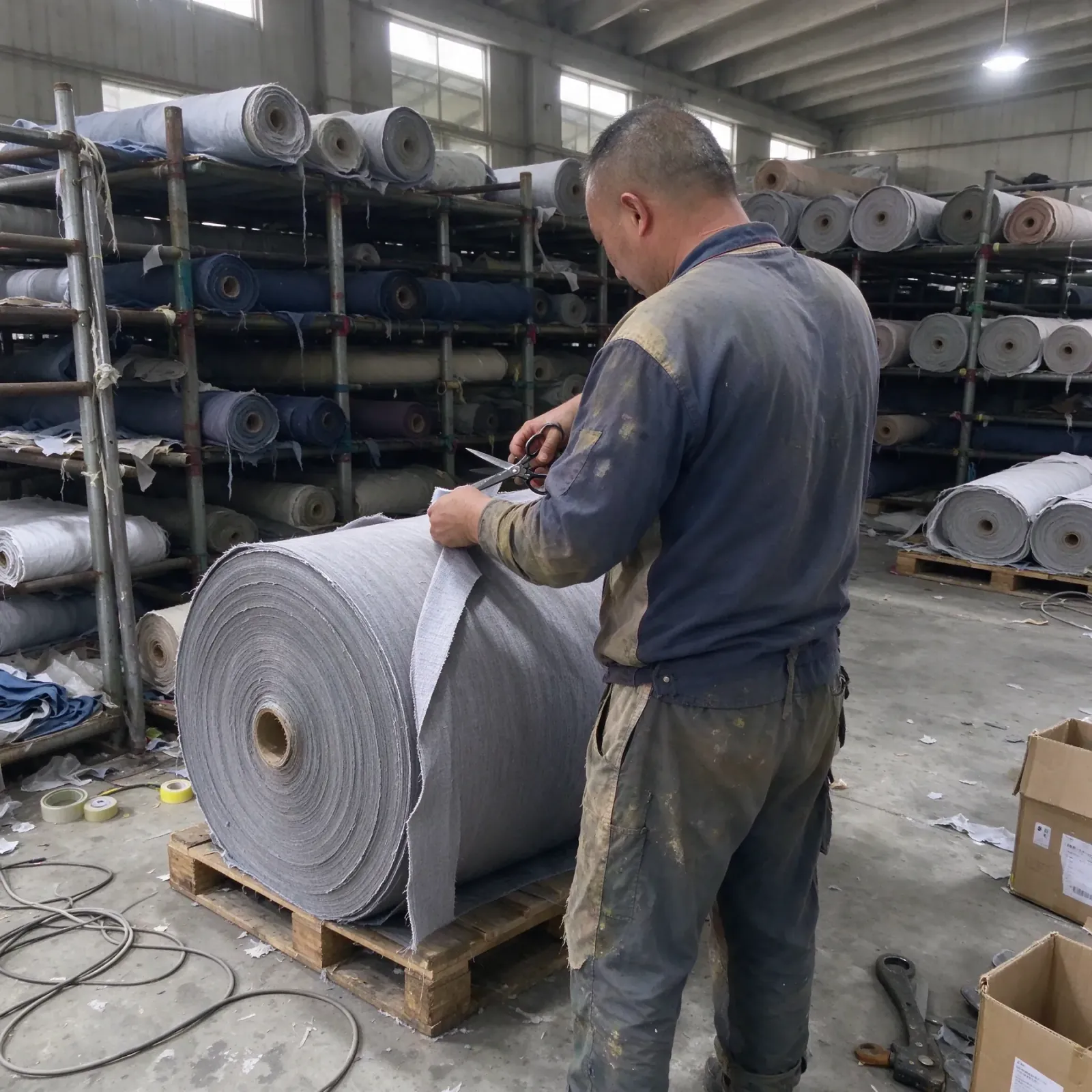 Rouleaux de tissu stockés sur des étagères dans l'entrepôt d'un atelier de confection, un ouvrier découpant un coupon
