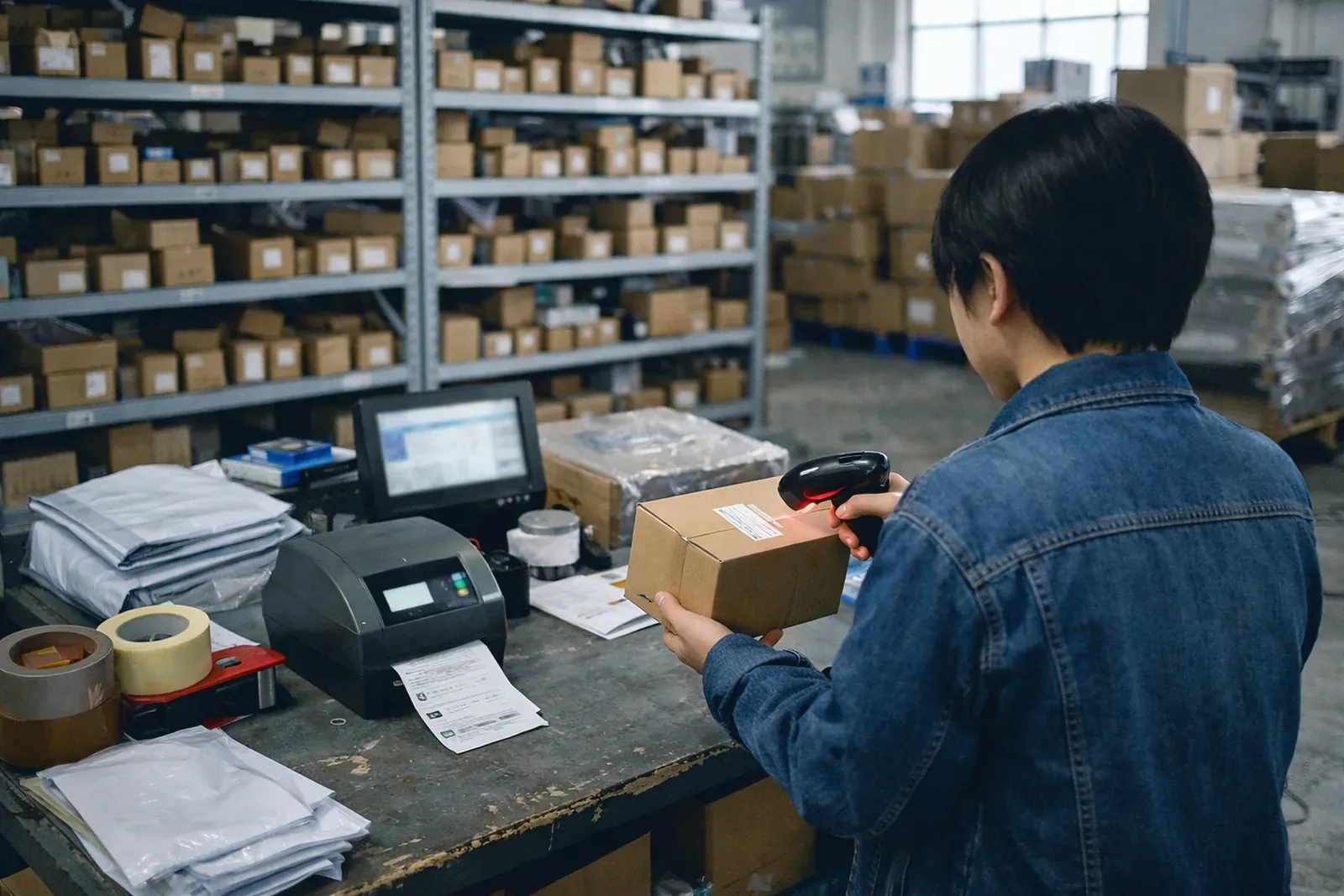 Préparation de commandes e-commerce : une opératrice scanne un colis devant une imprimante d'étiquettes