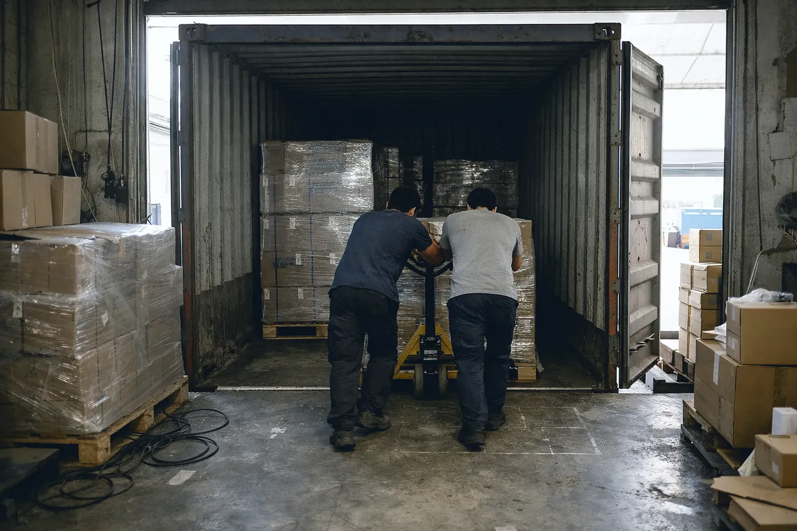 Deux manutentionnaires chargent des palettes filmées dans un conteneur maritime