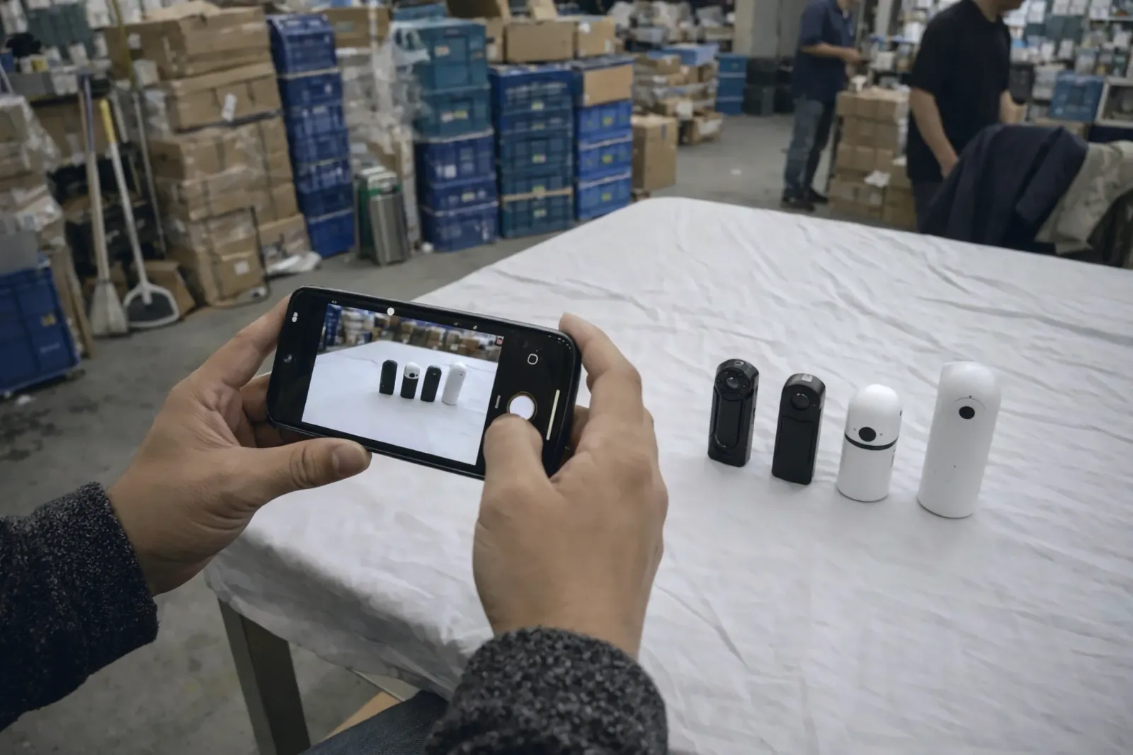 Comparaison de quatre échantillons de caméras photographiés au téléphone sur une table, dans l'entrepôt d'un fournisseur
