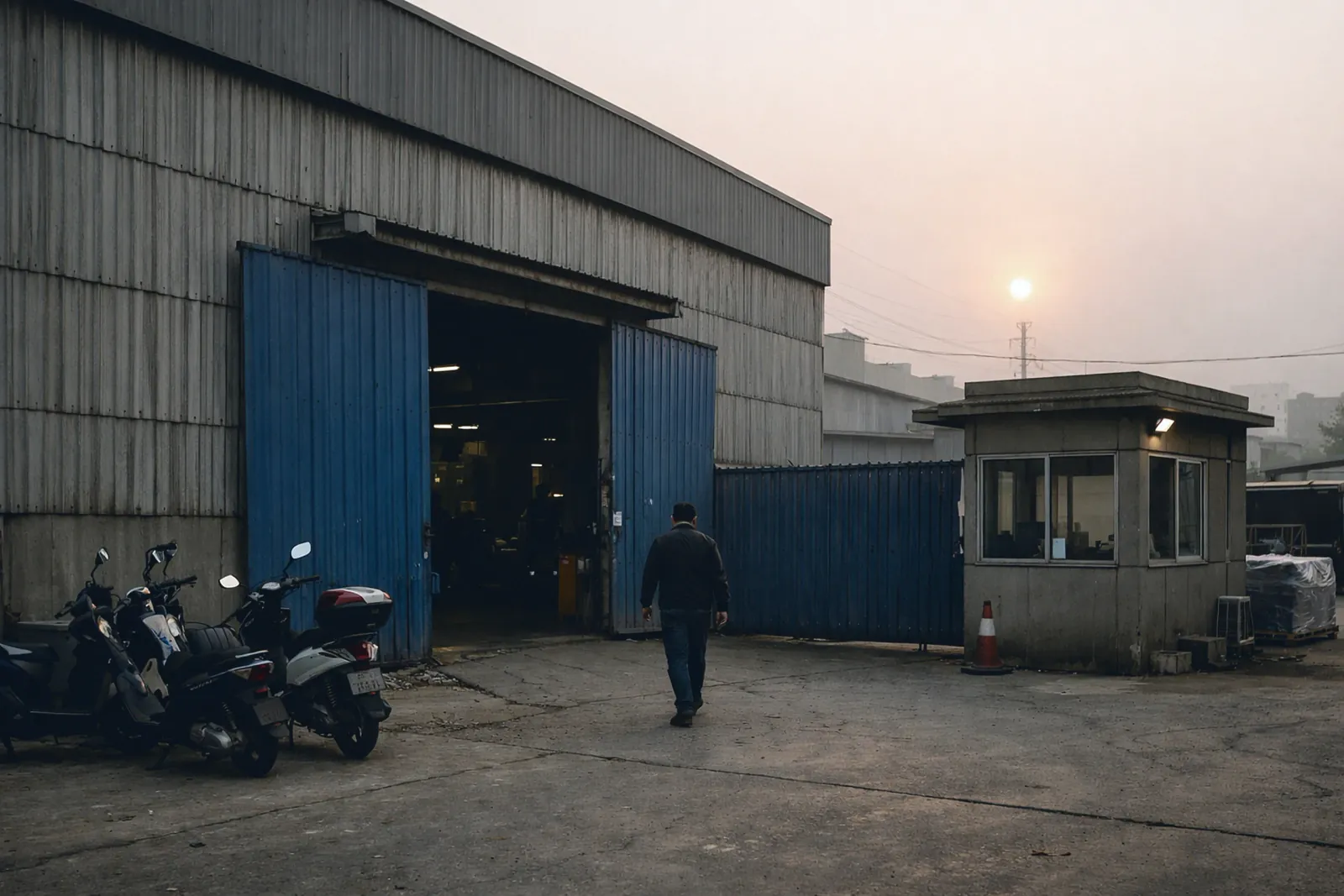 Entrée d'un atelier de fabrication dans une zone industrielle chinoise, portes métalliques bleues ouvertes et scooters garés devant