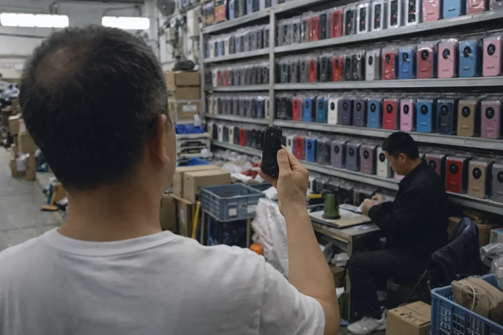 Repérage chez un fournisseur : un acheteur photographie des étuis de téléphone en rayon pendant qu'un vendeur travaille au fond
