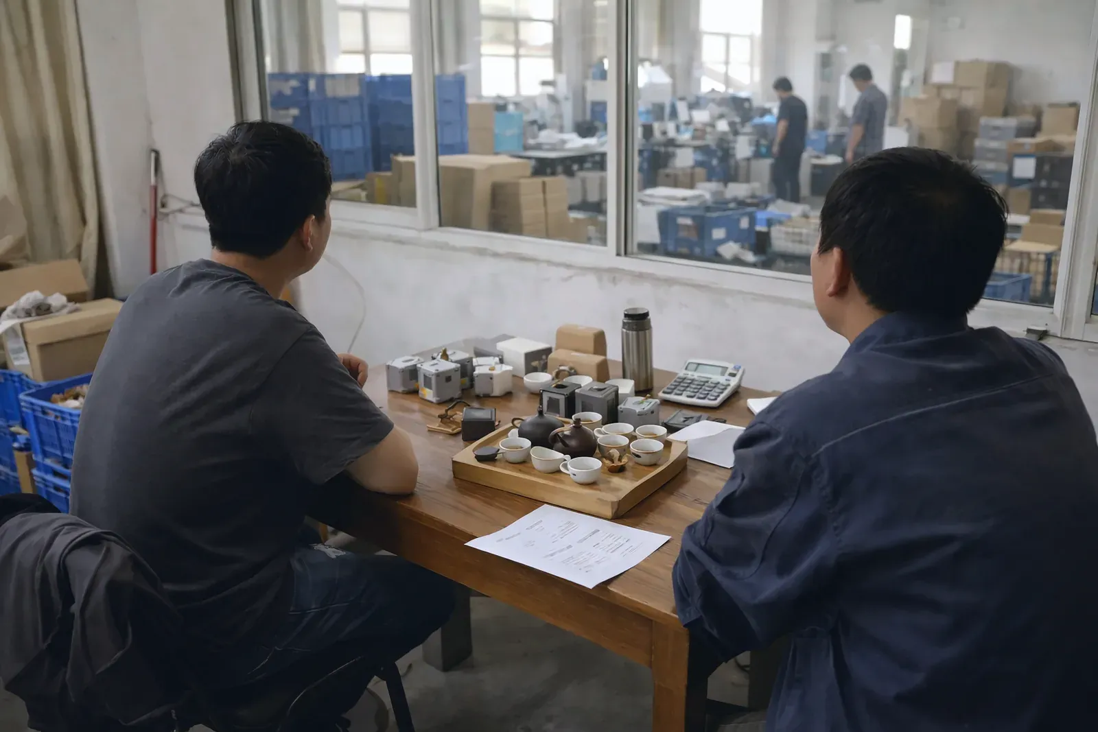 Deux membres de l'équipe échangent avec un fournisseur dans un bureau d'usine, échantillons de pièces sur la table