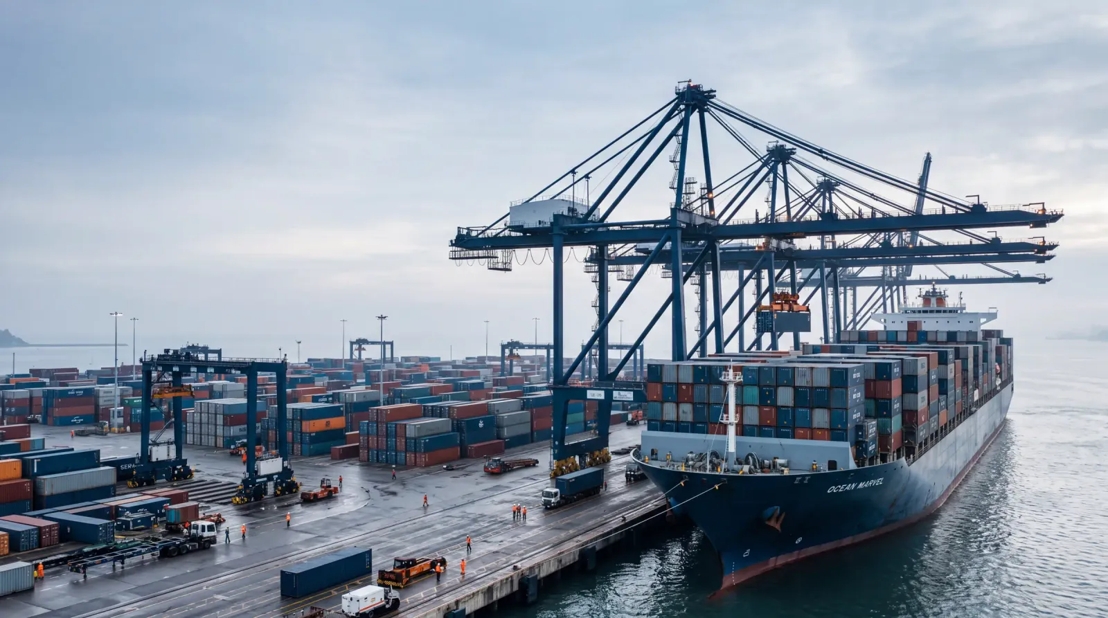 Porte-conteneurs à quai sous les portiques de chargement d'un grand port, piles de conteneurs colorés sur le terminal