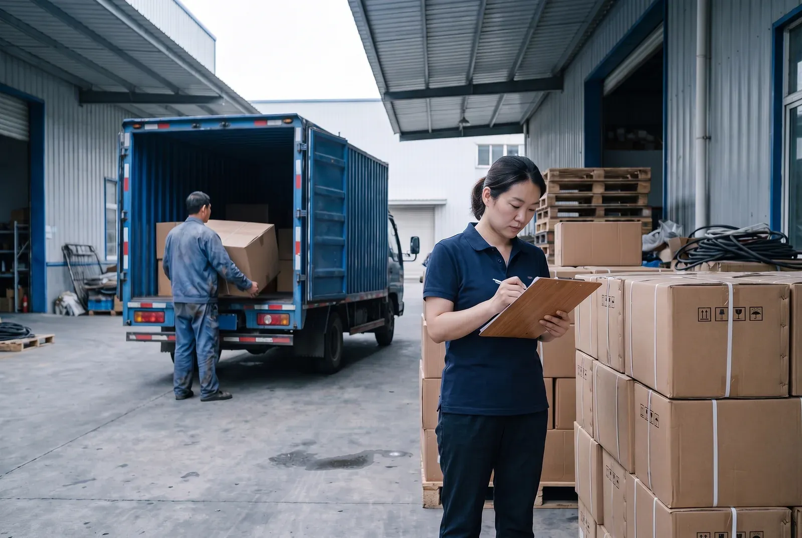 Contrôleuse remplissant une fiche sur un porte-documents à côté de cartons empilés, pendant qu'un manutentionnaire charge un camion dans la cour d'un entrepôt en Chine