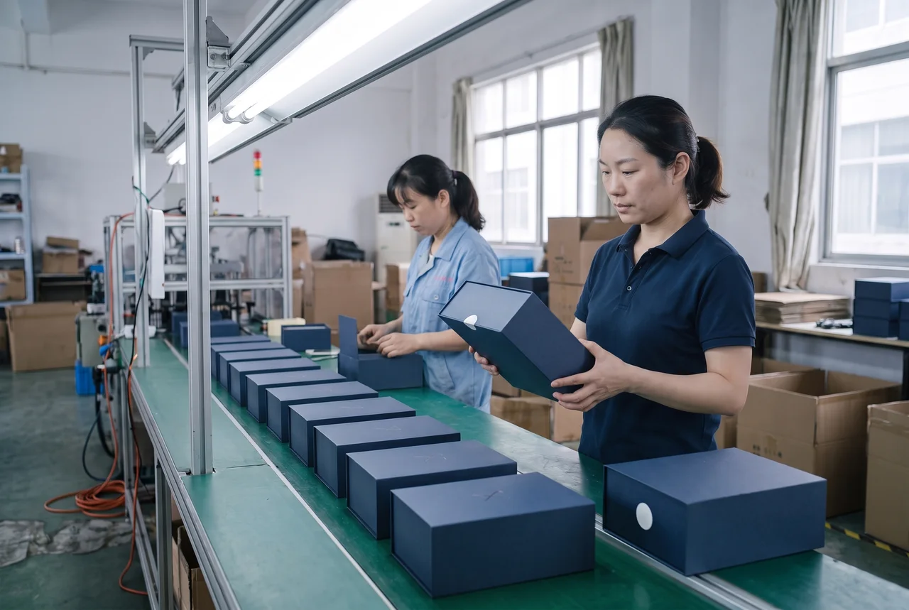 Packaging personnalisé : une agente CSND compare une boîte de la ligne de production à l'échantillon validé.