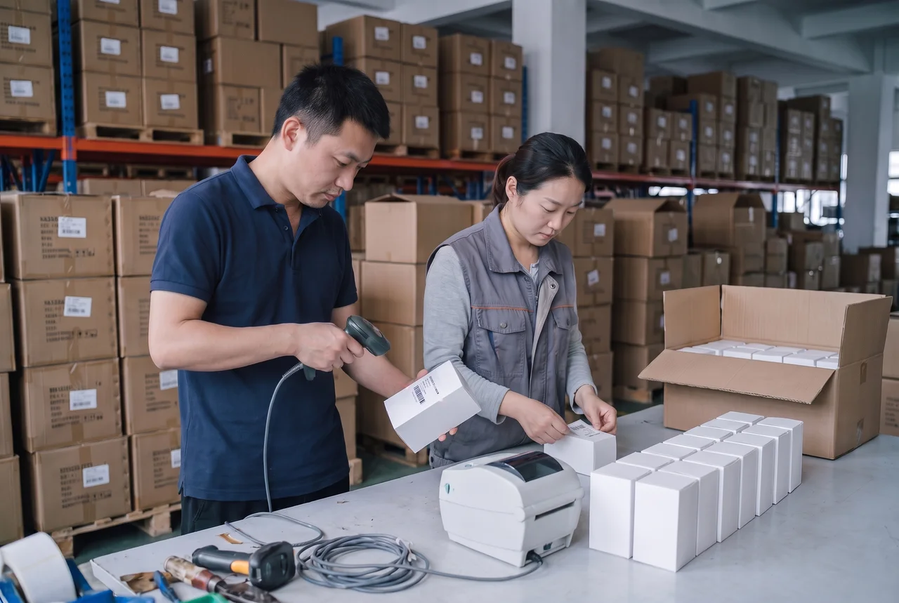 Préparation Amazon FBA : une opératrice colle les étiquettes produit, un agent CSND scanne chaque boîte étiquetée.