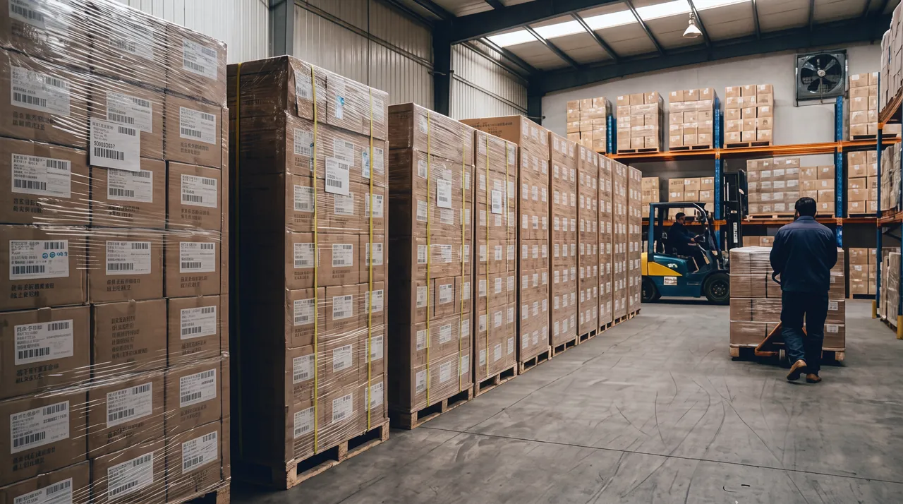 Palettes de cartons etiquetes et filmes dans un entrepot d'export en Chine, chariot elevateur et transpalette en arriere-plan.