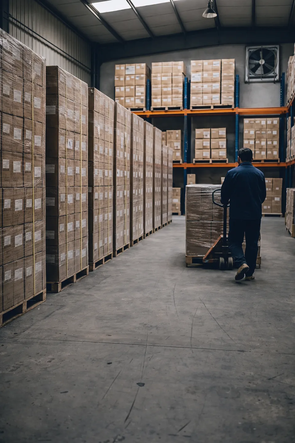 Entrepôt d'export en Chine, palettes de cartons et rayonnages.