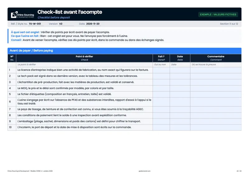 Aperçu de l'onglet Check-list acompte dans l'exemple rempli