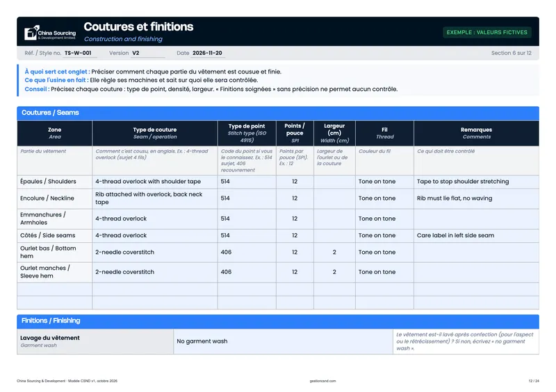 Aperçu de l'onglet Coutures et finitions dans l'exemple rempli